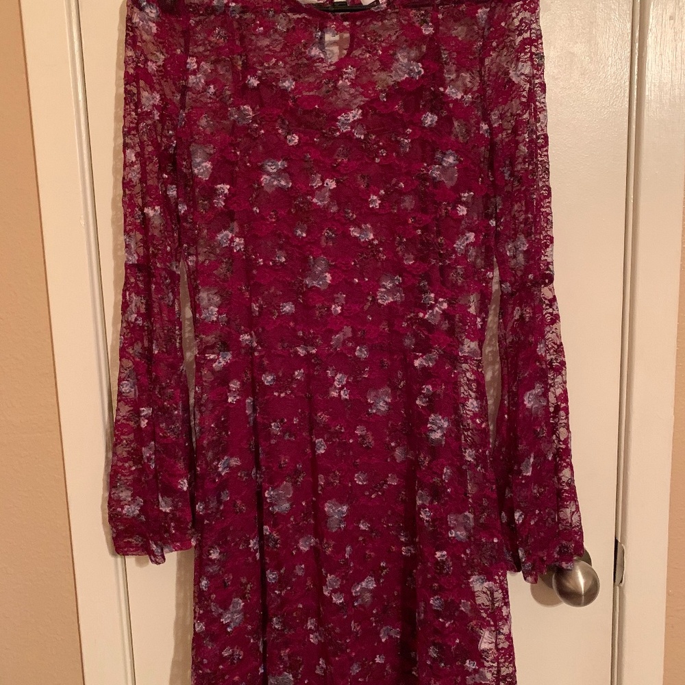 Burgundy Mini dress, Lace overlay with bell sleeve